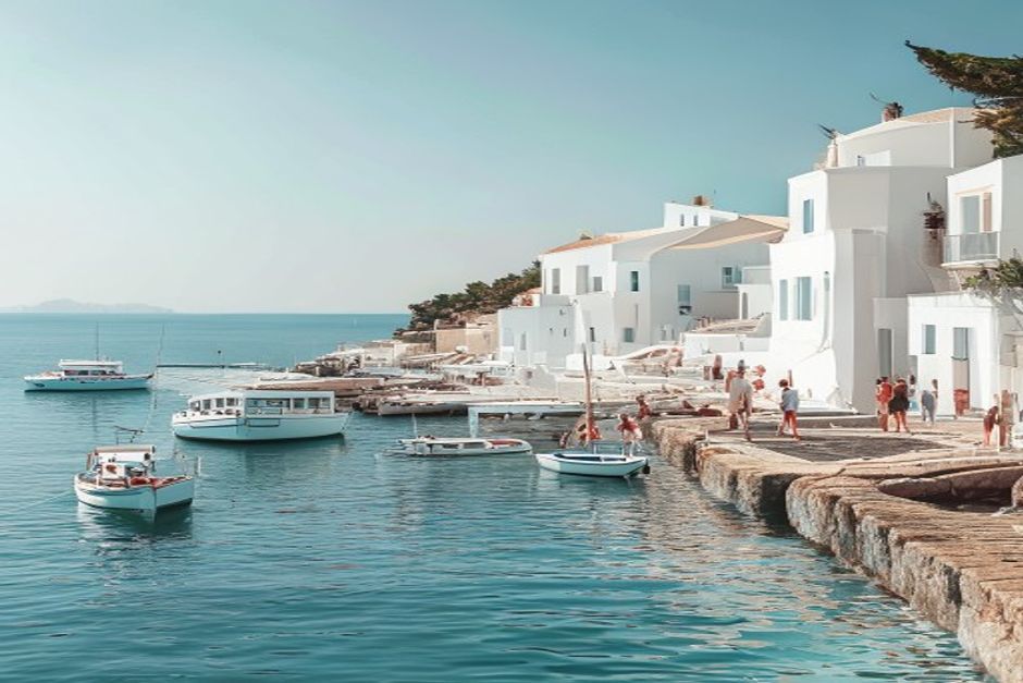 Greek island harbor with ferries depicting Greece's tertiary tourism sector