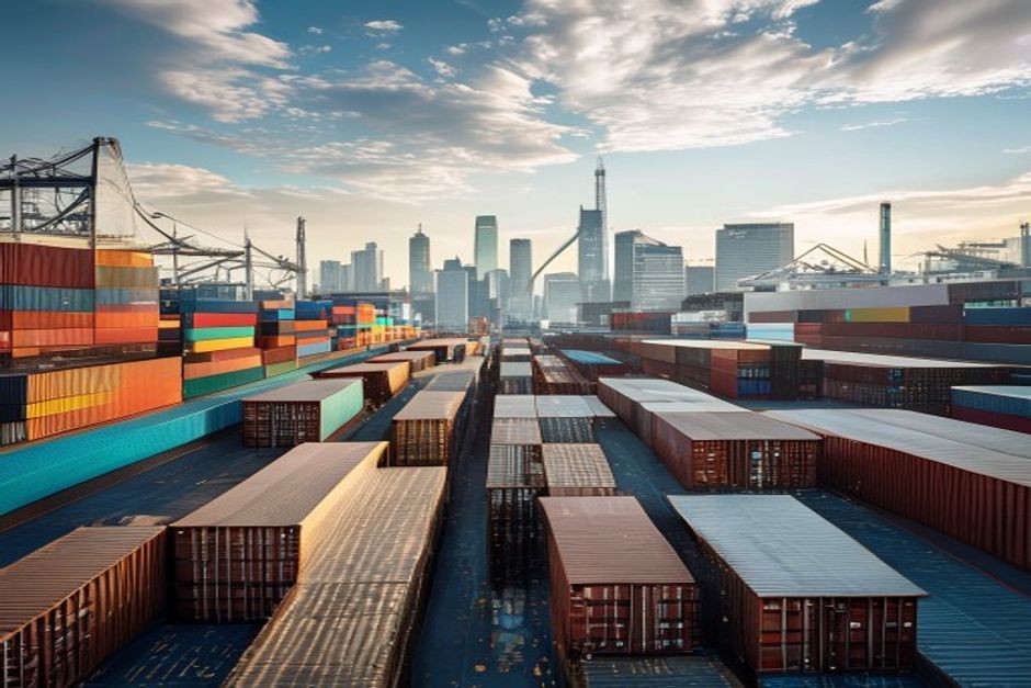 Container port and skyline showing Singapore's tertiary services and trade