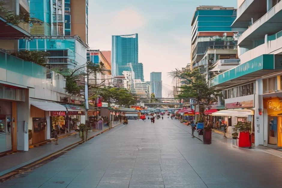 Bangkok street with shopping and tourism illustrating Thailand's tertiary sector