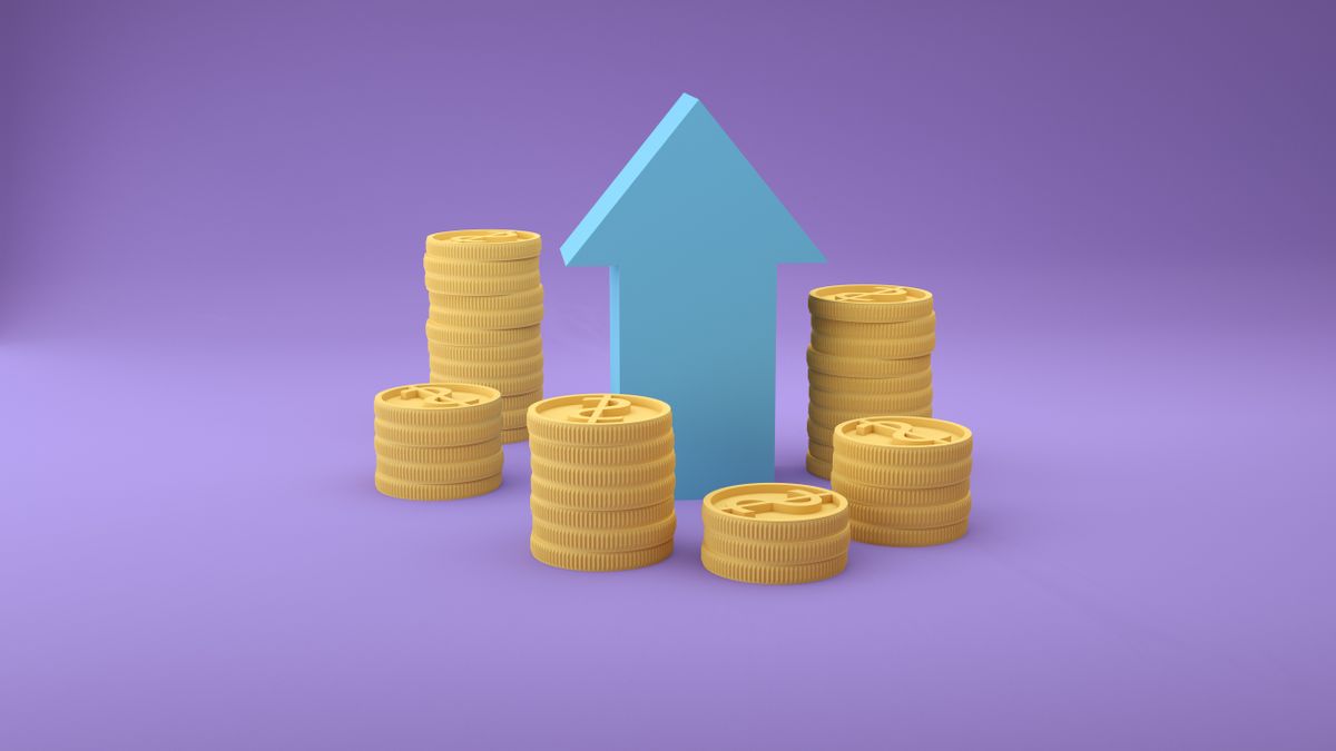 Rising stacks of coins beside an upward arrow, illustrating growing fortunes