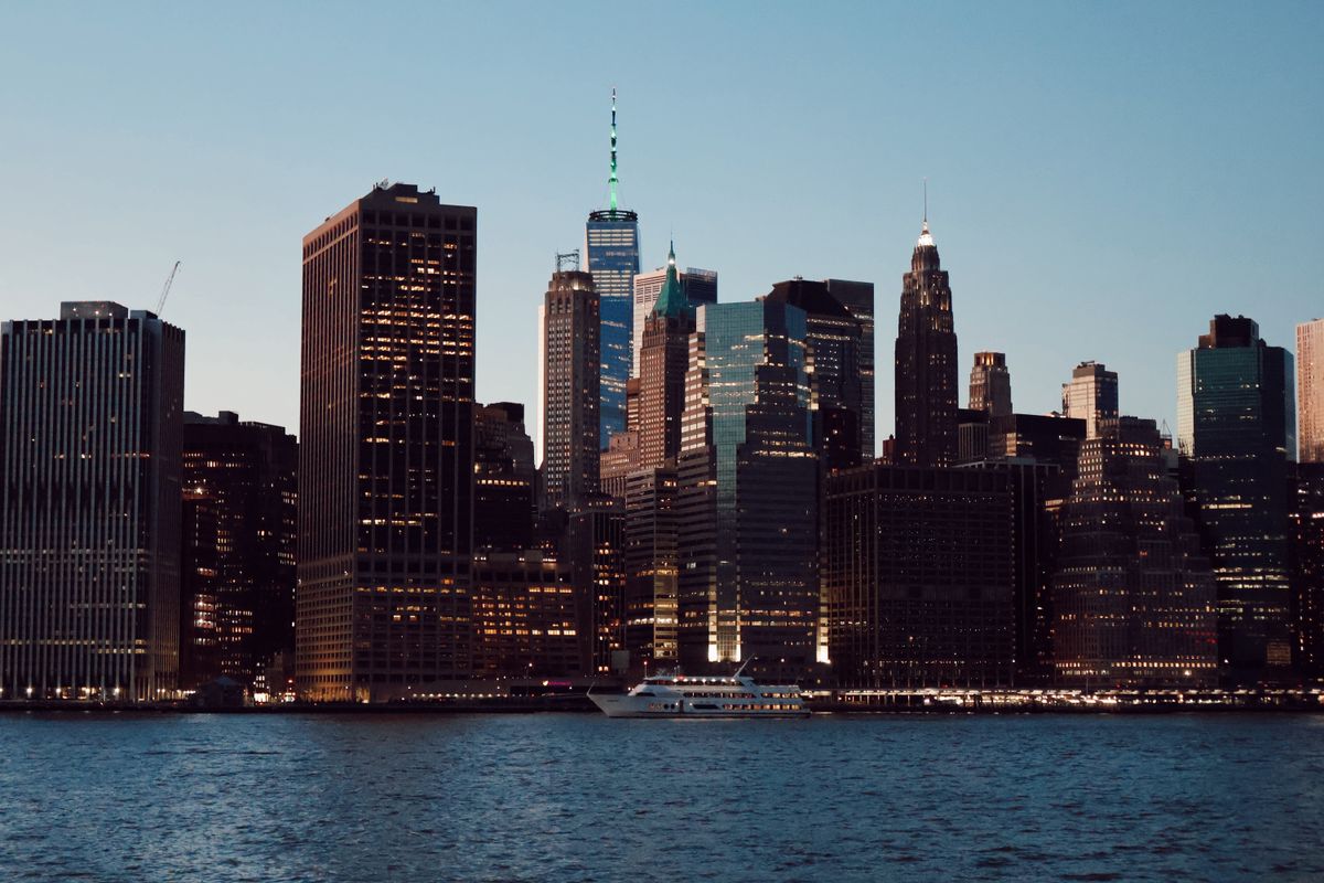 Manhattan skyline at sunset over the East River