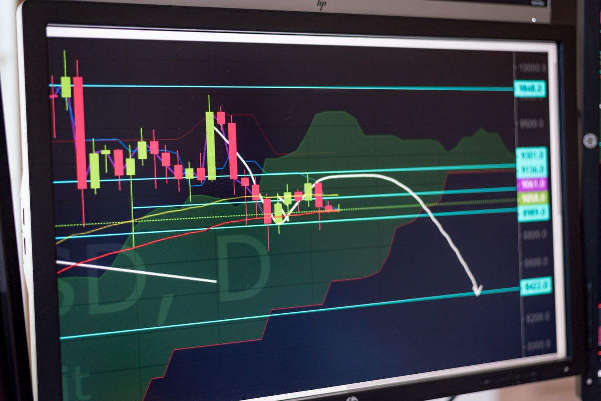 Computer monitor displaying stock exchange charts and financial market analysis
