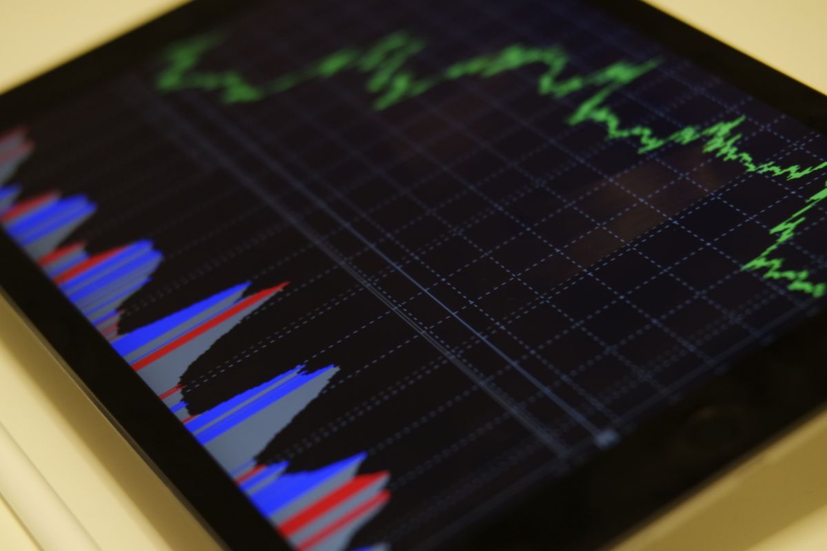 Tablet showing colorful forex market trend graphs