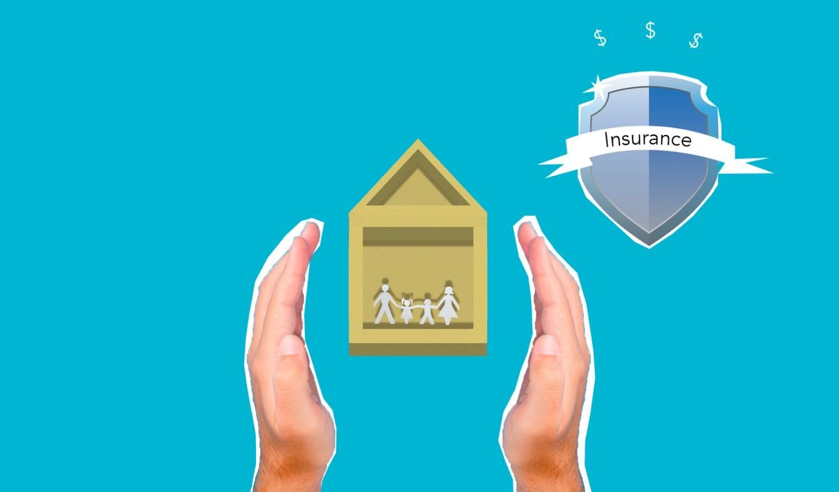 Hands protecting a paper house beside an insurance shield symbol